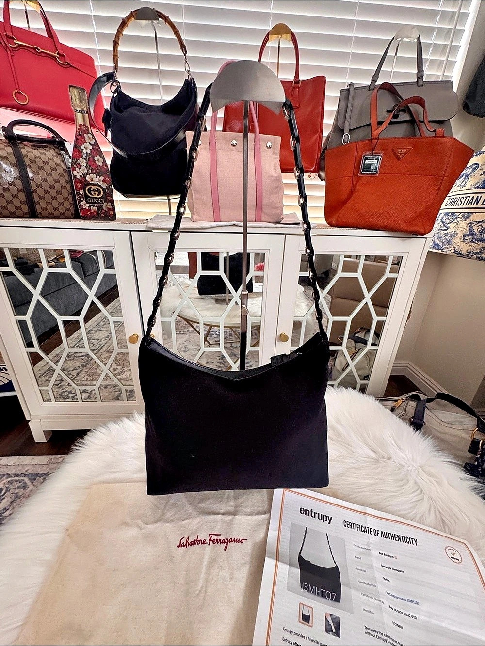 Salvatore Ferragamo Vara Chain Nylon Shoulder Bag Black